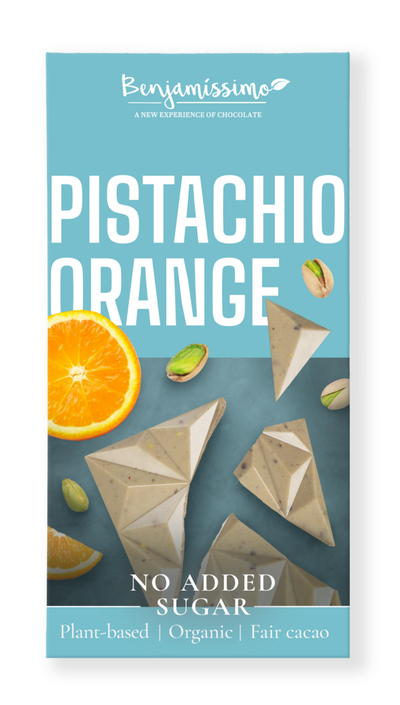 TABLICZKA KAKAOWA PISTACJE - POMARAŃCZA BEZ DODATKU CUKRÓW BEZGLUTENOWA BIO 60 g - BENJAMISSIMO