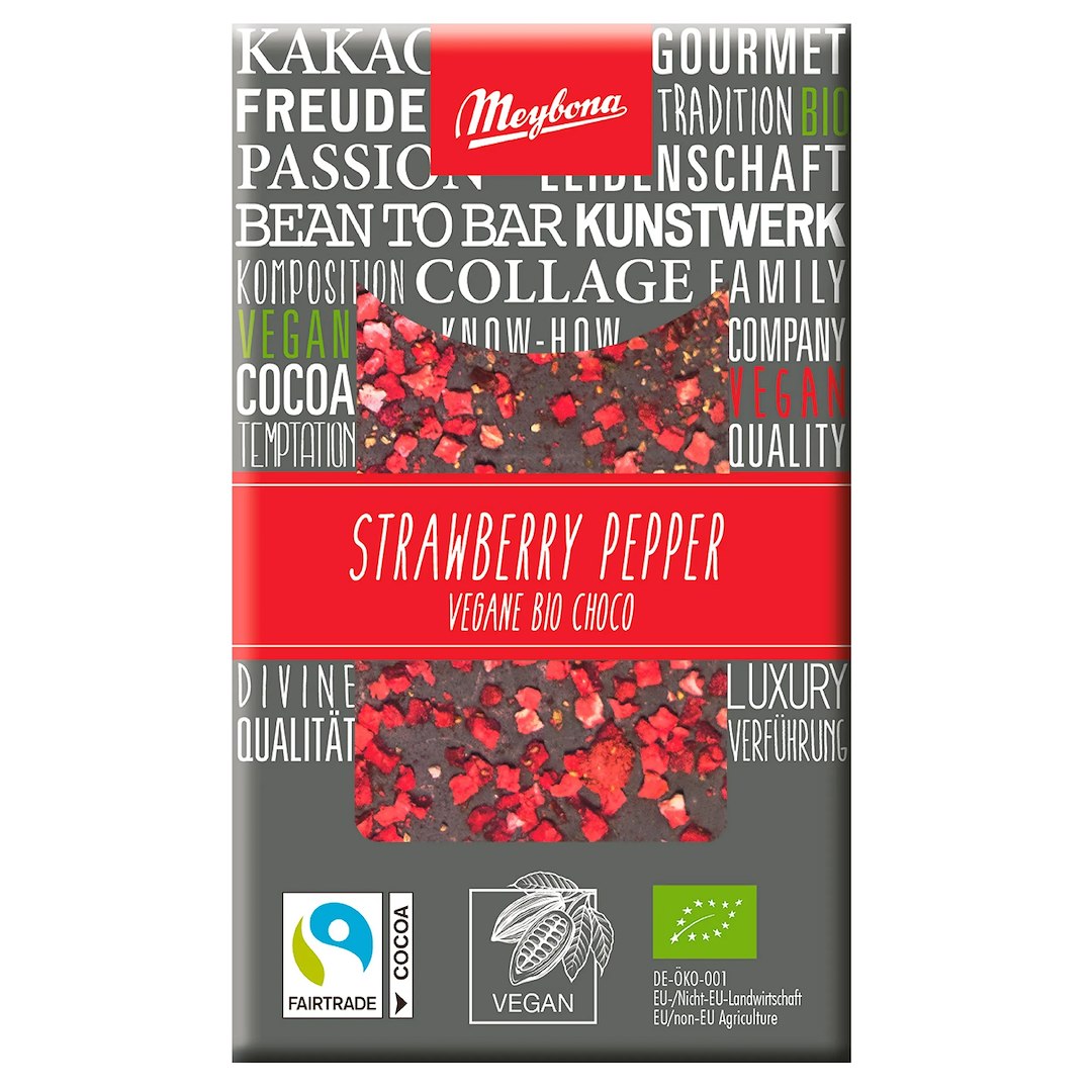 CZEKOLADA GORZKA Z TRUSKAWKAMI I PIEPRZEM FAIR TRADE BIO 30 g - MEYBONA
