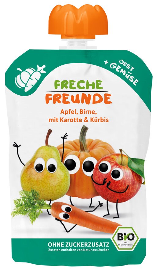 MUS JABŁKO - GRUSZKA - MARCHEW - DYNIA  BEZ DODATKU CUKRÓW BEZGLUTENOWY OD 6 MIESIĄCA BIO 100 g - FRECHE FREUNDE