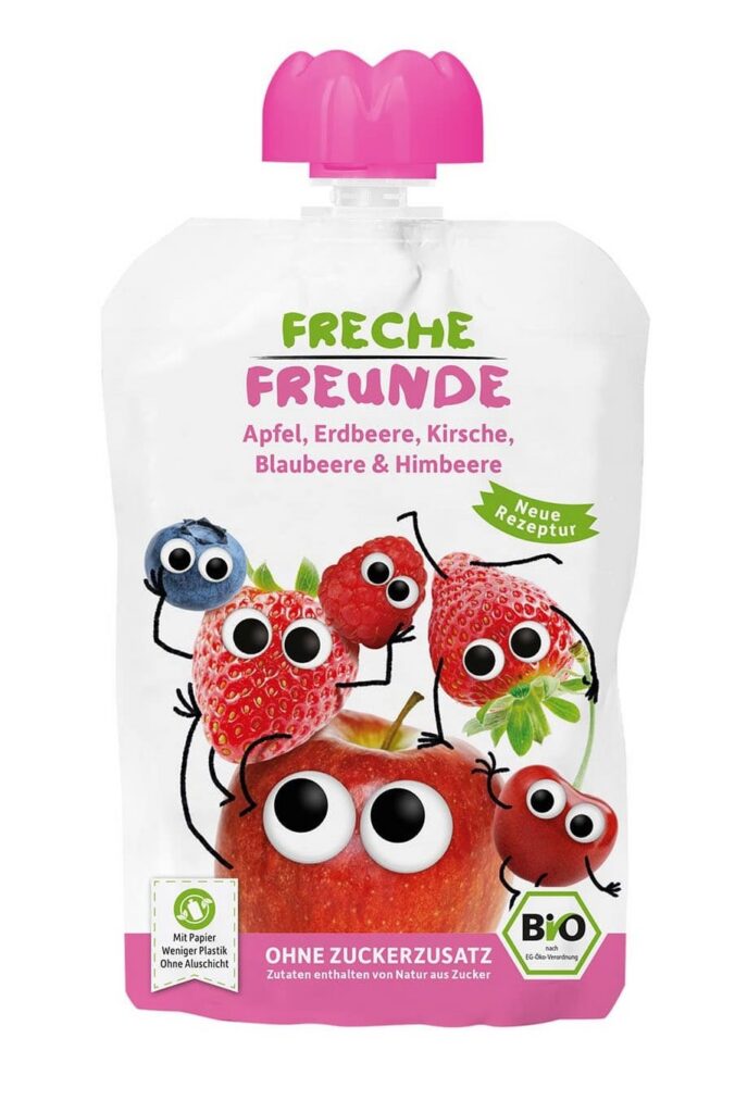 MUS JABŁKO -  TRUSKAWKA - JAGODA - MALINA BEZ DODATKU CUKRÓW BEZGLUTENOWY OD 6 MIESIĄCA BIO 100 g - FRECHE FREUNDE