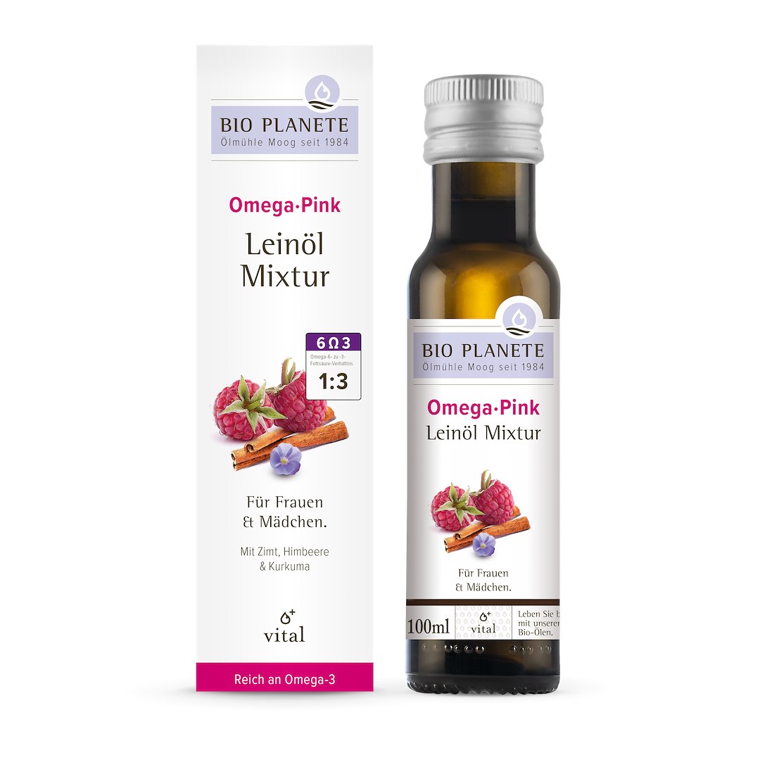 OMEGA PINK - MIESZANKA Z OLEJEM LNIANYM (MALINA, CYNAMON, KURKUMA) BIO 100 ml - BIO PLANETE