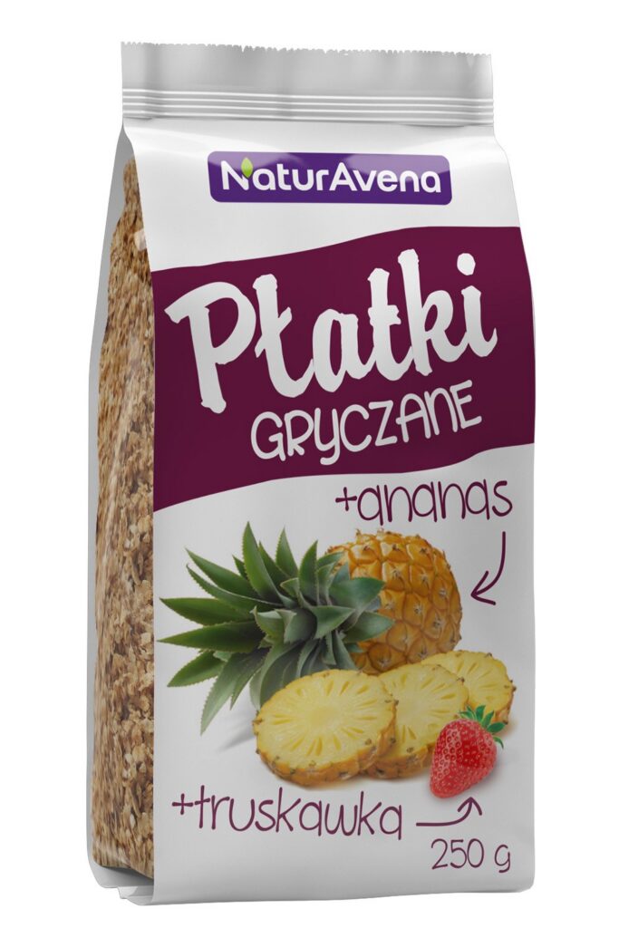 PŁATKI GRYCZANE BŁYSKAWICZNE Z ANANASEM I TRUSKAWKĄ 250 g - NATURAVENA