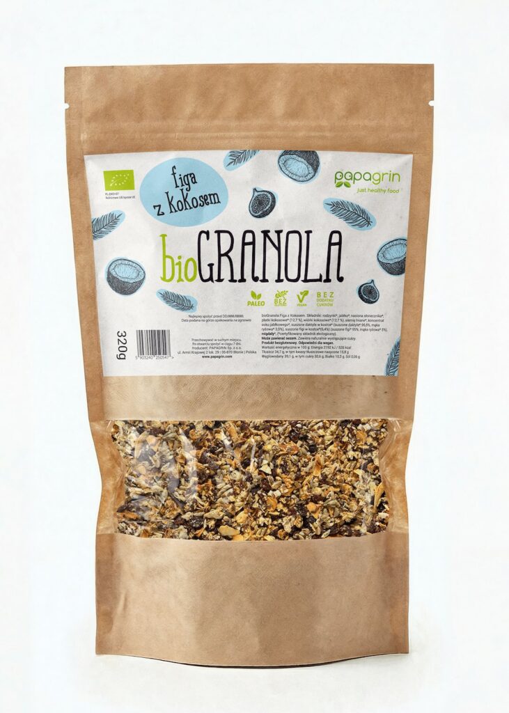 GRANOLA FIGA Z KOKOSEM BEZ DODATKU CUKRÓW BEZGLUTENOWA BIO 320 g - PAPAGRIN