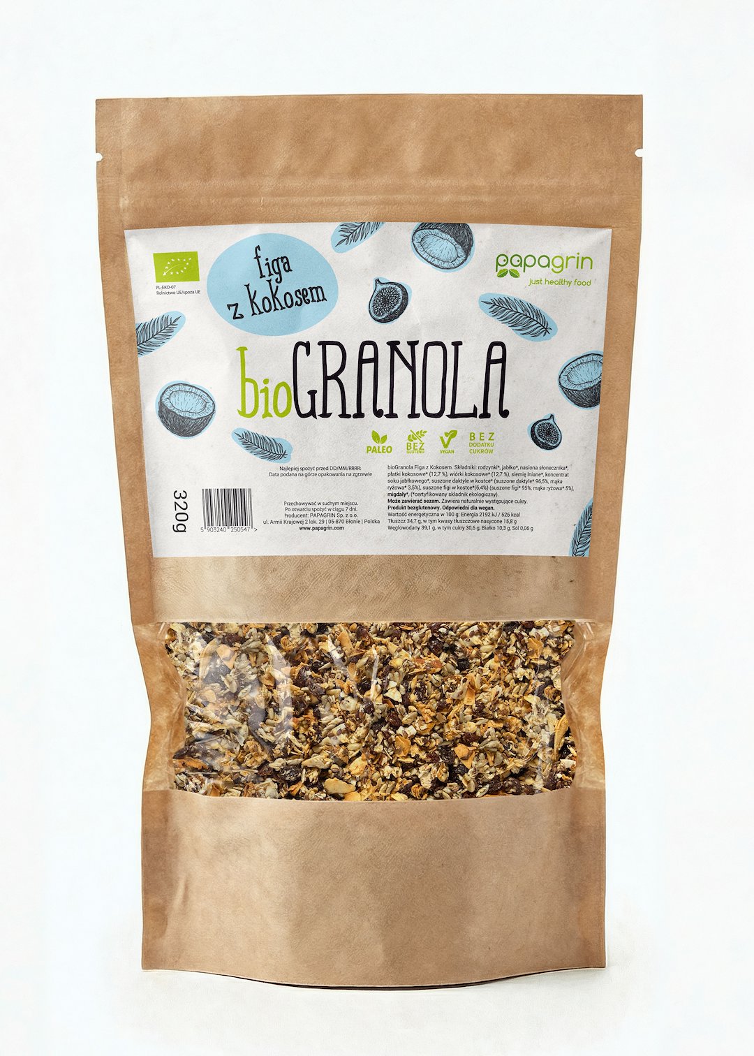 GRANOLA FIGA Z KOKOSEM BEZ DODATKU CUKRÓW BEZGLUTENOWA BIO 320 g - PAPAGRIN