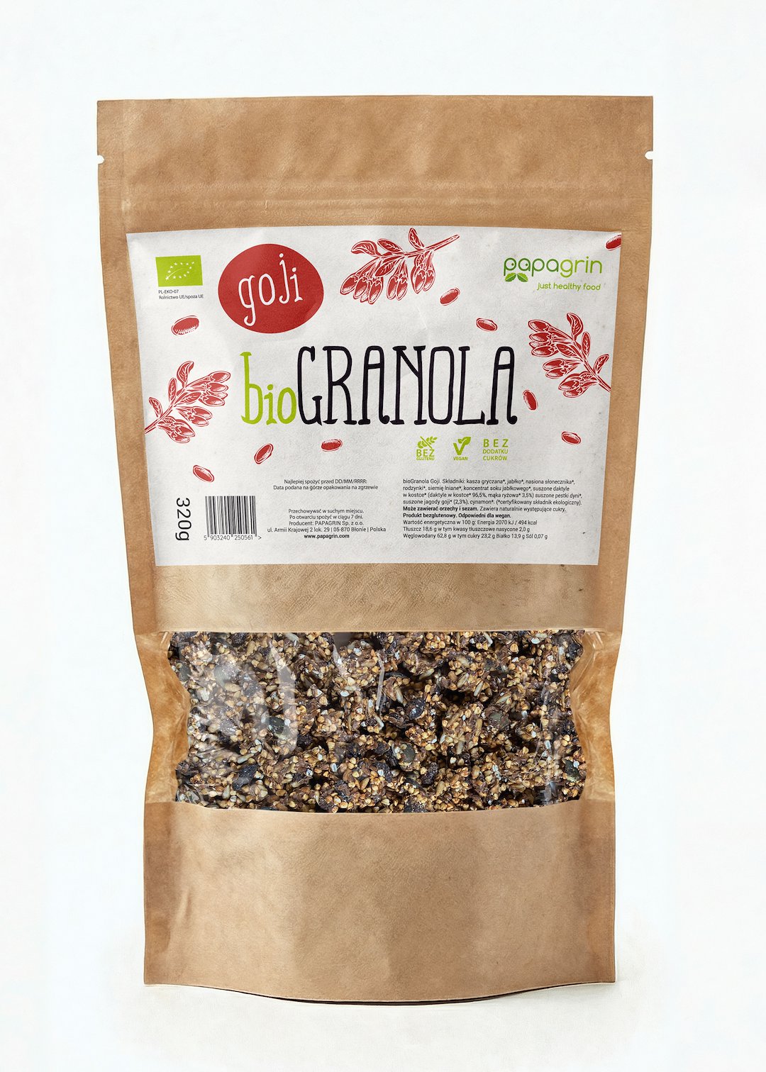 GRANOLA Z GOJI BEZ DODATKU CUKRÓW BEZGLUTENOWA BIO 320 g - PAPAGRIN
