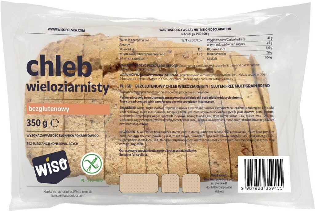 CHLEB WIELOZIARNISTY KROJONY BEZGLUTENOWY 350 g - WISO