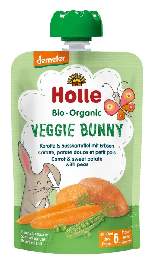 MUS WARZYWNY KRÓLIK (MARCHEW - SŁODKI ZIEMNIAK - GROSZEK) BEZ DODATKU CUKRÓW BEZGLUTENOWY OD 6 MIESIĄCA DEMETER BIO 100 g - HOLLE