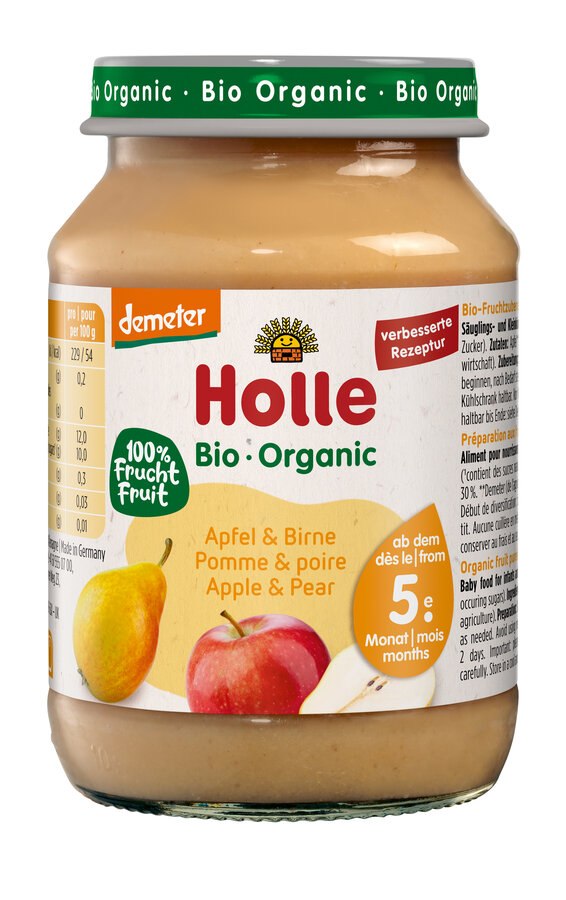 JABŁKO - GRUSZKA BEZ DODATKU CUKRÓW BEZGLUTENOWE OD 5 MIESIĄCA DEMETER BIO 190 g (SŁOIK) - HOLLE