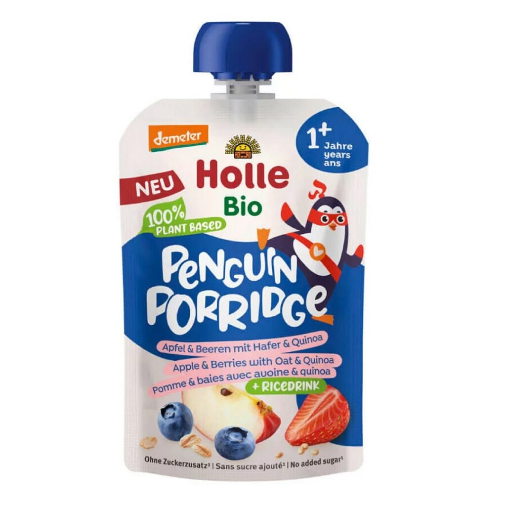 MUS OWSIANKOWY PINGWIN (JABŁKO - RYŻ - OWOCE JAGODOWE - QUINOA) BEZ DODATKU CUKRÓW OD 1 ROKU DEMETER BIO 110 g - HOLLE