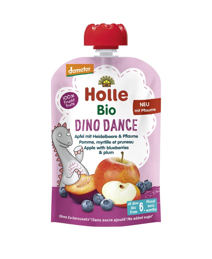 MUS TAŃCZĄCY DINOZAUR (JABŁKO - BORÓWKA - ŚLIWKA) BEZ DODATKU CUKRÓW BEZGLUTENOWY OD 6 MIESIĄCA DEMETER BIO 100 g - HOLLE