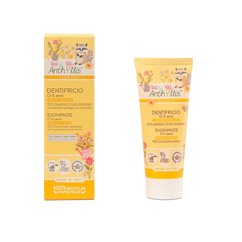 PASTA DO ZĘBÓW DLA DZIECI BEZ FLUORU Z ALOESEM I RUMIANKIEM WANILIOWA 75 ml - BABY ANTHYLLIS