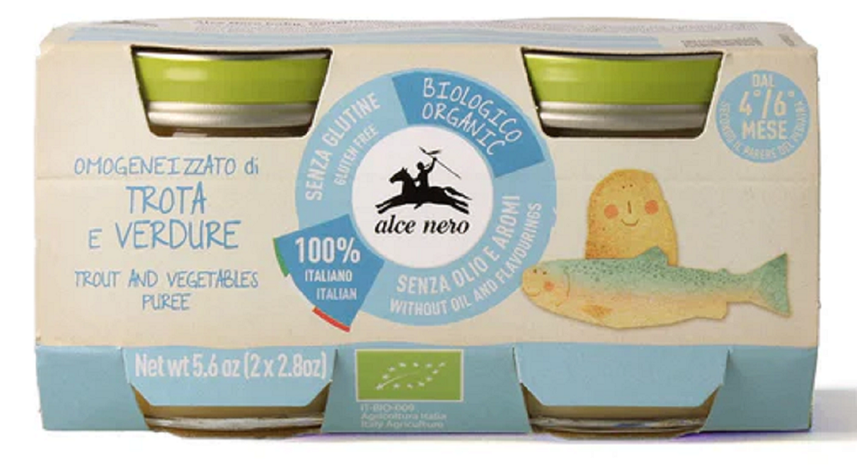 MIĘSO PSTRĄGA Z WARZYWAMI BEZGLUTENOWE OD 4 MIESIĄCA BIO (2 x 80 g) 160 g - ALCE NERO