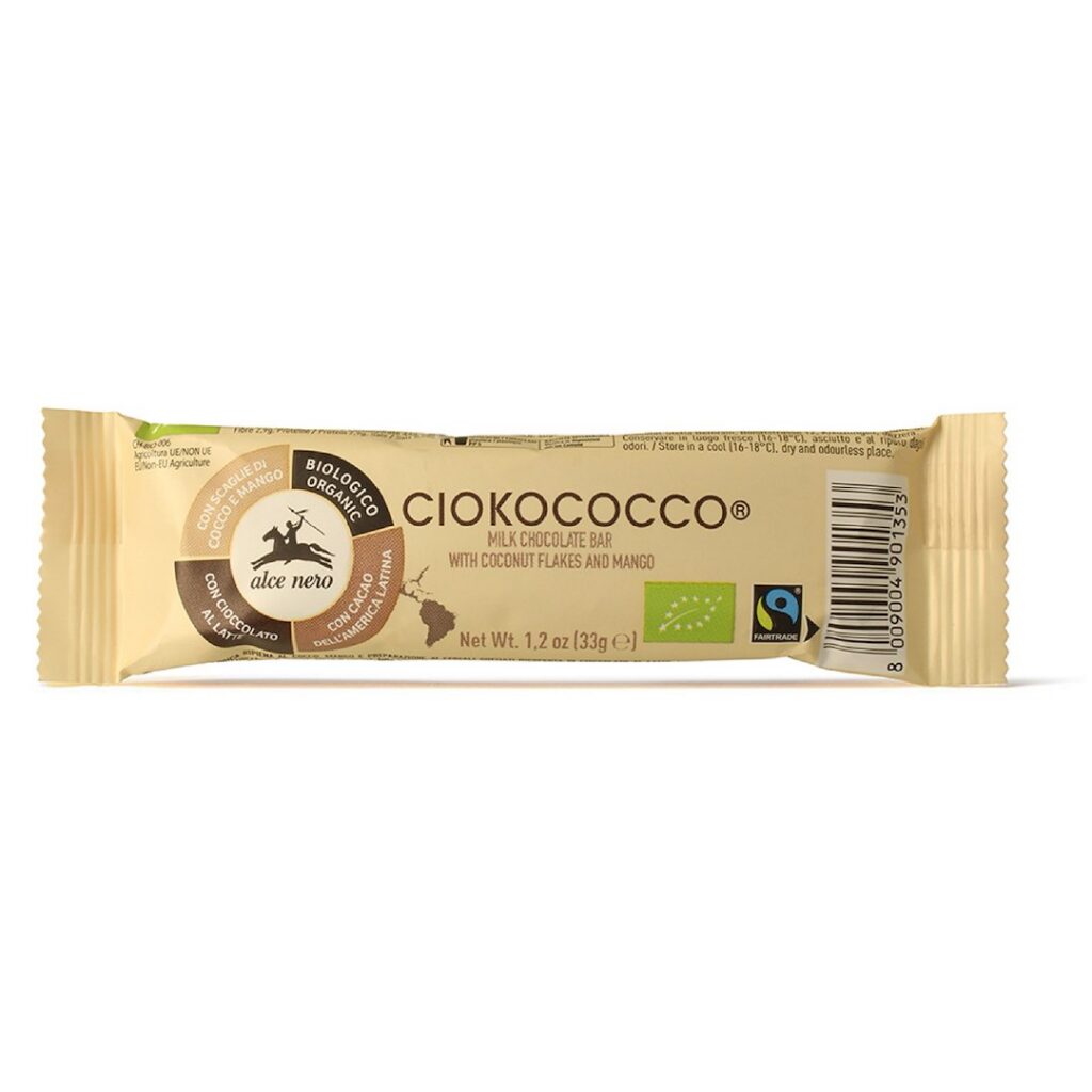 BATON Z NADZIENIEM KOKOS - MANGO - CHRUPKI ZBOŻOWE W POLEWIE Z CZEKOLADY MLECZNEJ FAIR TRADE BIO 33 g - ALCE NERO