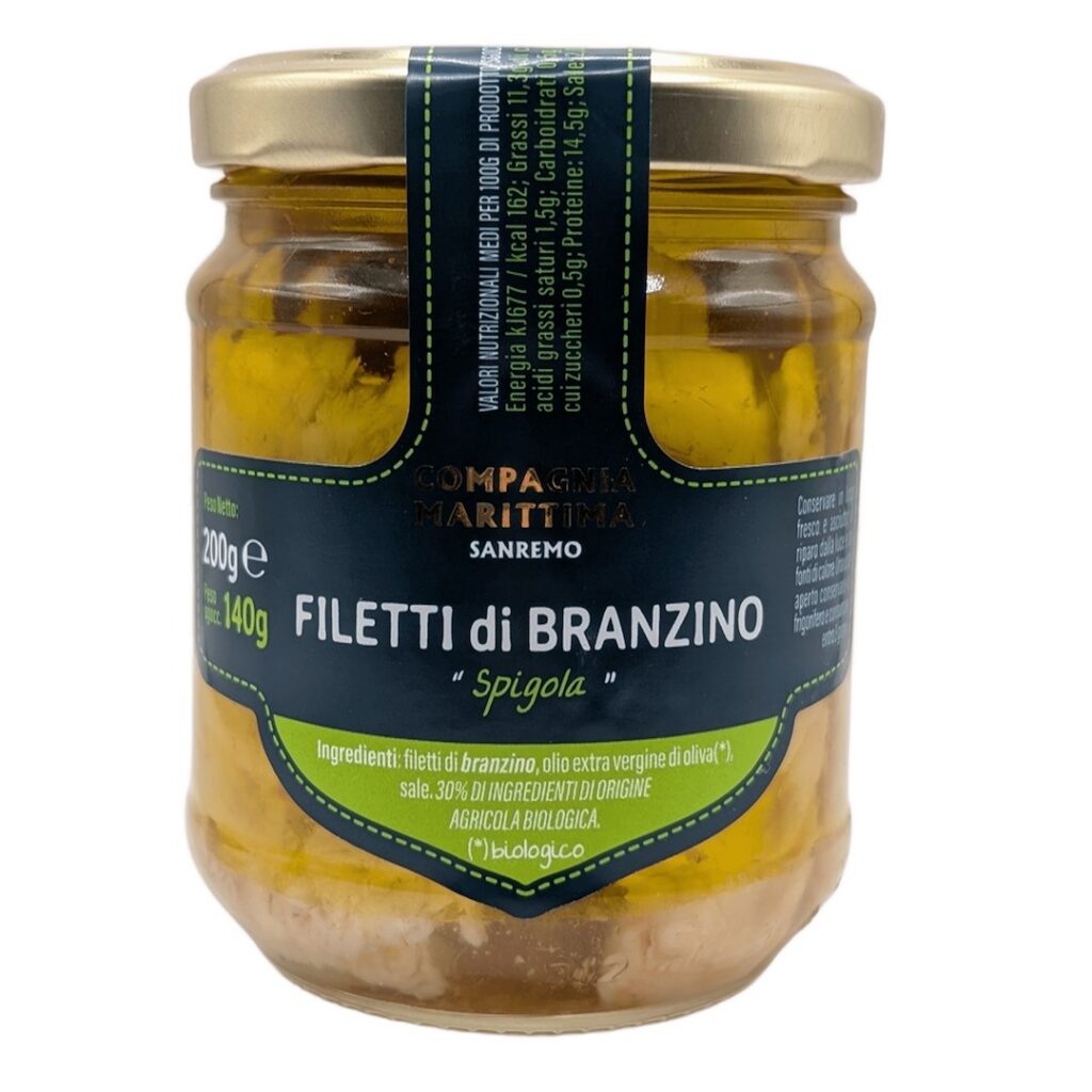 FILETY Z OKONIA MORSKIEGO W BIO OLIWIE Z OLIWEK EXTRA VIRGIN 200 g (140 g) (SŁOIK) - COMPAGNIA MEDITERRANEA