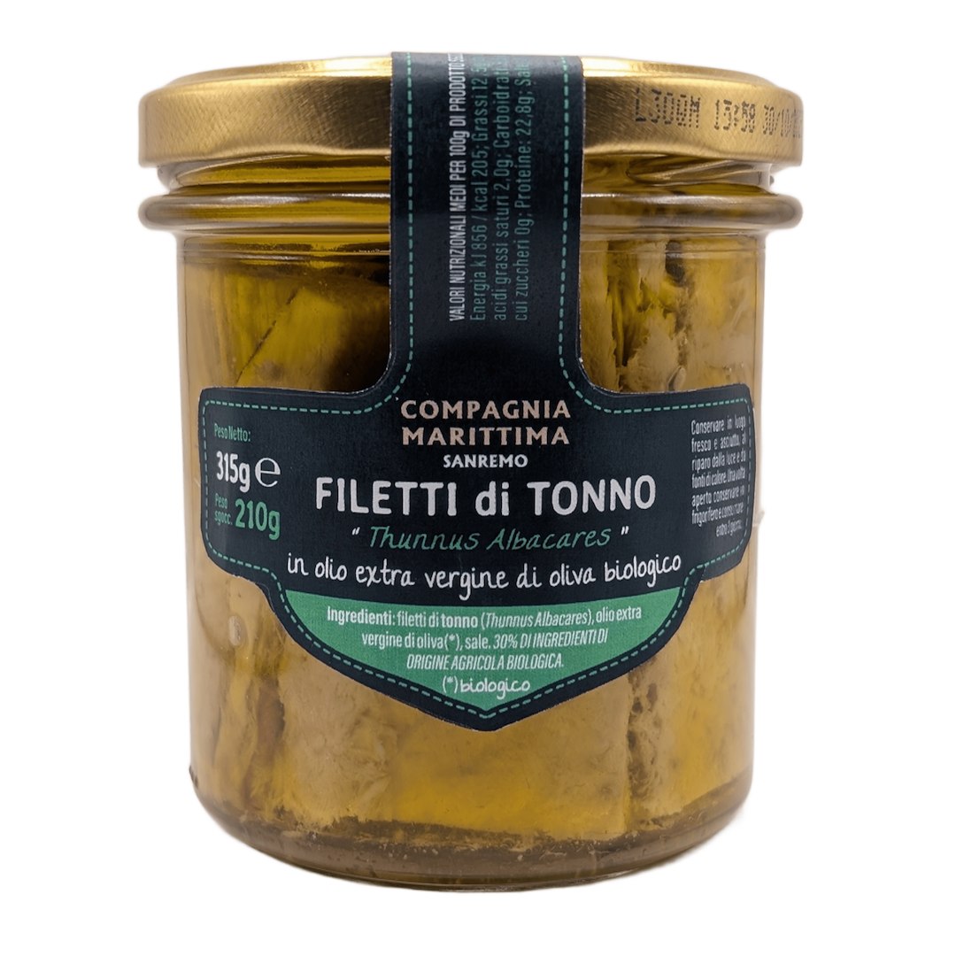 TUŃCZYK ŻÓŁTOPŁETWY FILETY W BIO OLIWIE Z OLIWEK EXTRA VIRGIN 315 g (210 g) (SŁOIK) - COMPAGNIA MEDITERRANEA