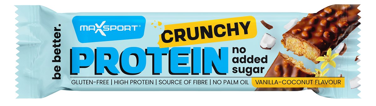 BATON PROTEINOWY CRUNCHY O SMAKU KOKOSA I WANILII W CZEKOLADZIE MLECZNEJ BEZ DODATKU CUKRÓW BEZGLUTENOWY 40 g - MAXSPORT