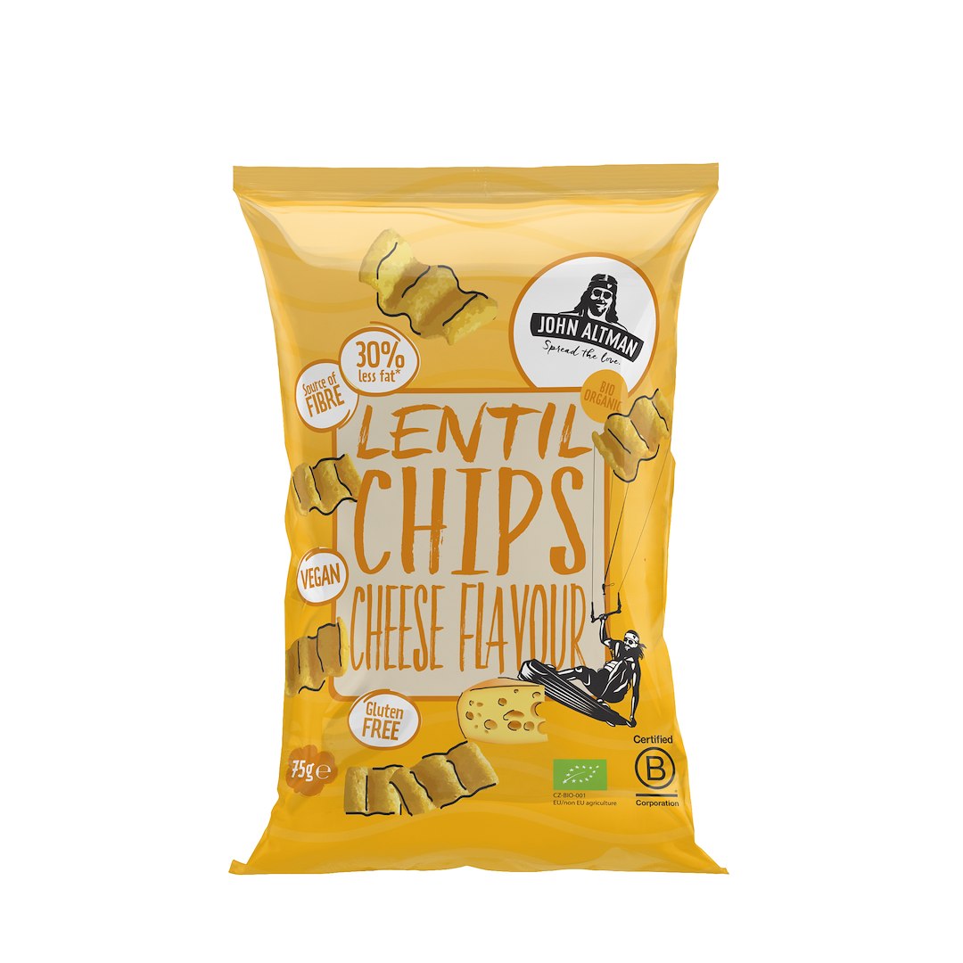 CHIPSY Z SOCZEWICY O SMAKU SEROWYM WEGAŃSKIE BEZGLUTENOWE BIO 75 g - JOHN ALTMAN