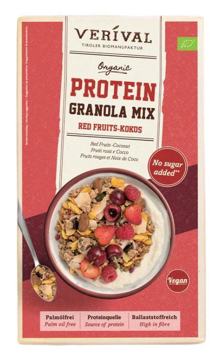 GRANOLA PROTEINOWA Z CZERWONYMI OWOCAMI I KOKOSEM BEZ DODATKU CUKRÓW BIO 300 g - VERIVAL
