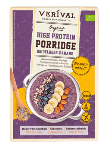 OWSIANKA PROTEINOWA Z BORÓWKĄ I BANANEM BEZ DODATKU CUKRÓW BEZGLUTENOWA BIO 350 g - VERIVAL