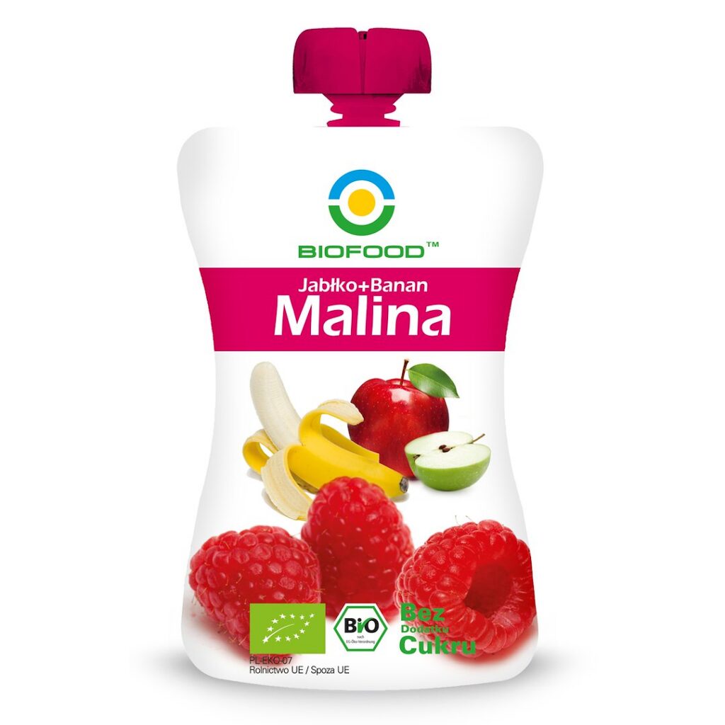 MUS JABŁKO - BANAN - MALINA BEZ DODATKU CUKRÓW BEZGLUTENOWY BIO 200 g - BIOFOOD