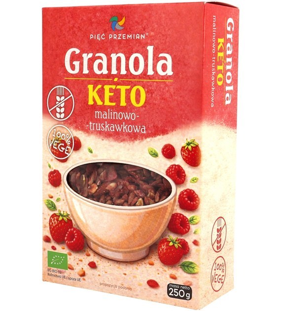 GRANOLA MALINOWO - TRUSKAWKOWA BEZ DODATKU CUKRÓW BEZGLUTENOWA KETO BIO 250 g - PIĘĆ PRZEMIAN