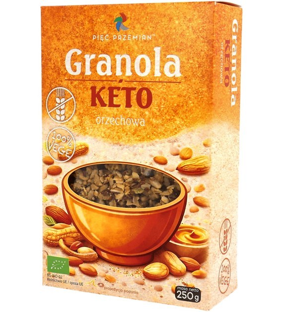 GRANOLA ORZECHOWA BEZ DODATKU CUKRÓW BEZGLUTENOWA KETO BIO 250 g - PIĘĆ PRZEMIAN