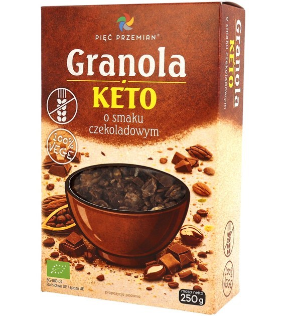 GRANOLA O SMAKU CZEKOLADOWYM BEZ DODATKU CUKRÓW BEZGLUTENOWA KETO BIO 250 g - PIĘĆ PRZEMIAN