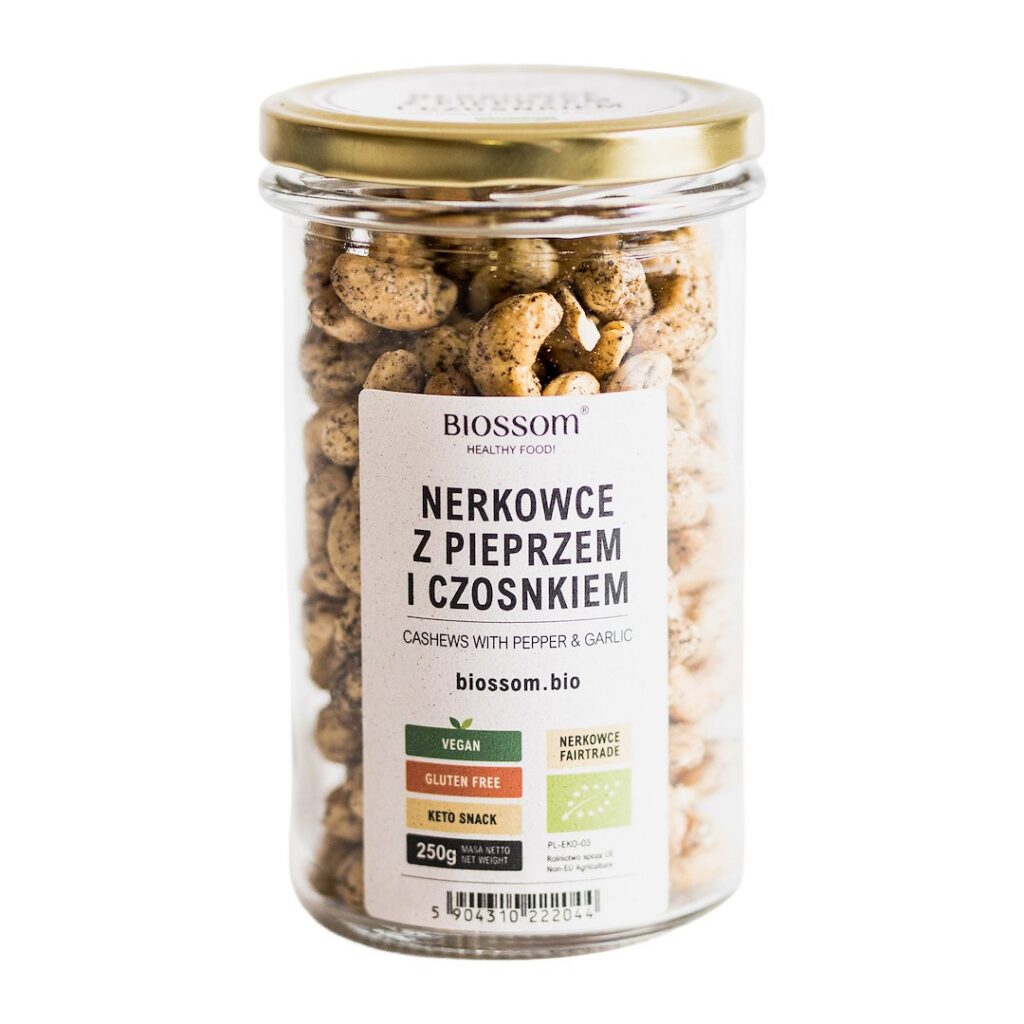 ORZECHY NERKOWCA Z PIEPRZEM I CZOSNKIEM BEZGLUTENOWE FAIR TRADE BIO 250 g - BIOSSOM