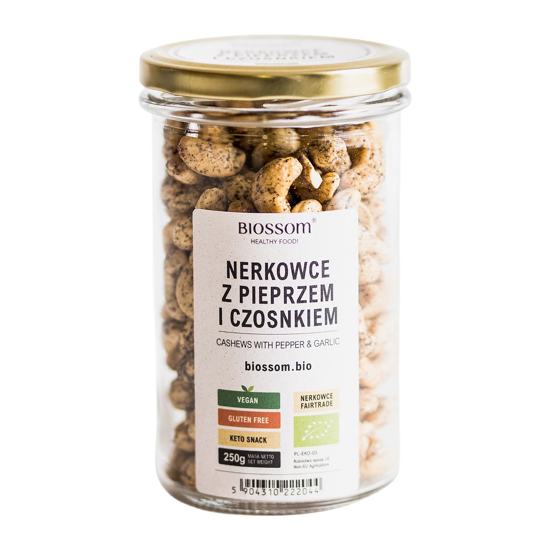 ORZECHY NERKOWCA Z PIEPRZEM I CZOSNKIEM BEZGLUTENOWE FAIR TRADE BIO 250 g - BIOSSOM