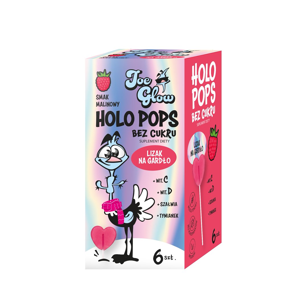 LIZAK SERCE HOLO POPS O SMAKU MALINOWYM NA GARDŁO BEZ CUKRU BEZGLUTENOWY (6 szt.) 36 g - JOE GLOW