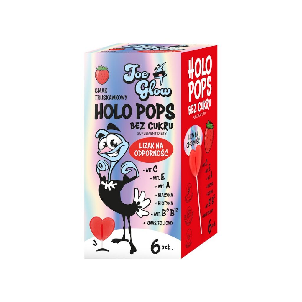 LIZAK SERCE HOLO POPS O SMAKU TRUSKAWKOWYM NA ODPORNOŚĆ BEZ CUKRU BEZGLUTENOWY (6 szt.) 36 g - JOE GLOW