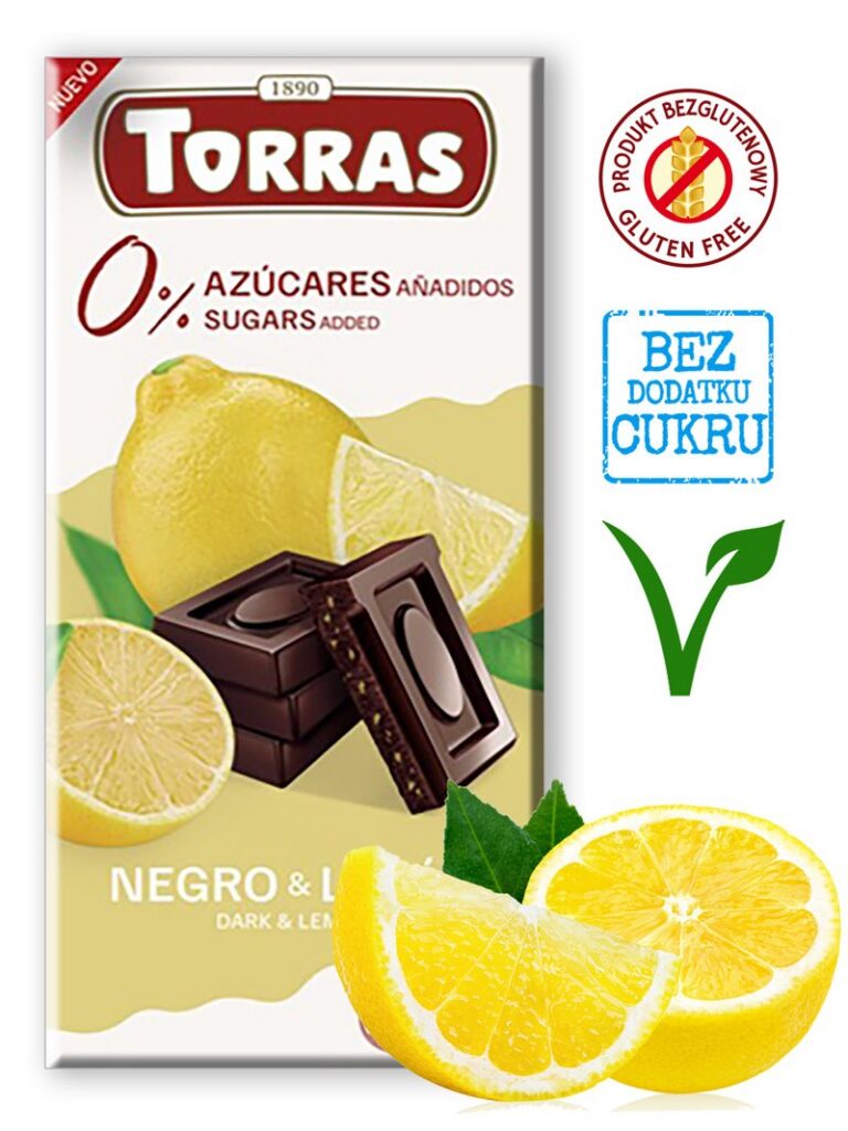 CZEKOLADA GORZKA Z CYTRYNĄ BEZ DODATKU CUKRÓW BEZGLUTENOWA 75 g - TORRAS